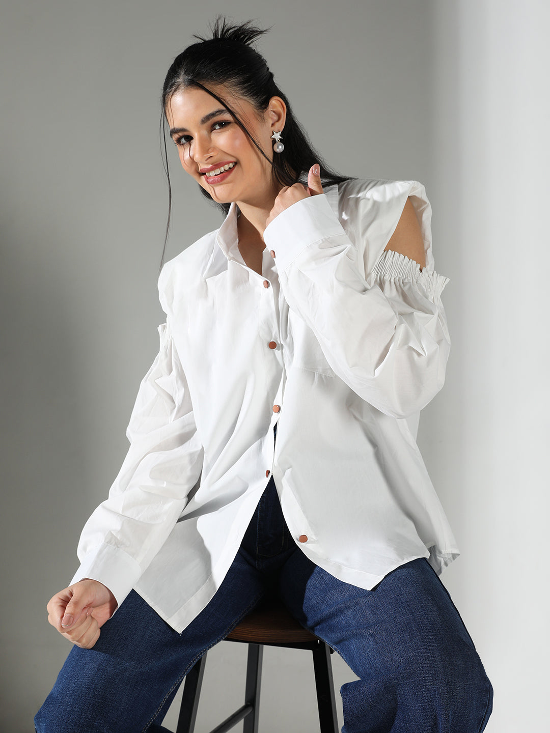 Women's White Cold Shoulder Shirt with Shoulder Pads