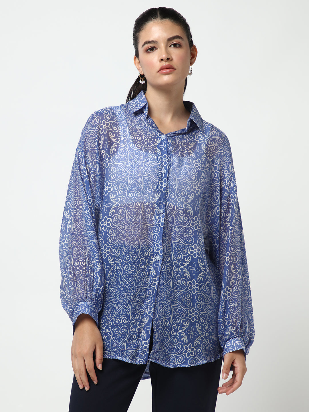 Women's Blue Comfort Semi Sheer Printed Casual Shirt