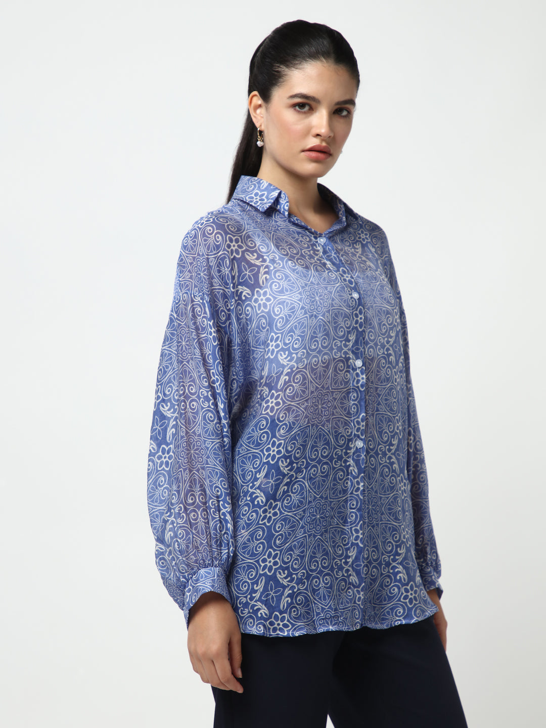 Women's Blue Comfort Semi Sheer Printed Casual Shirt