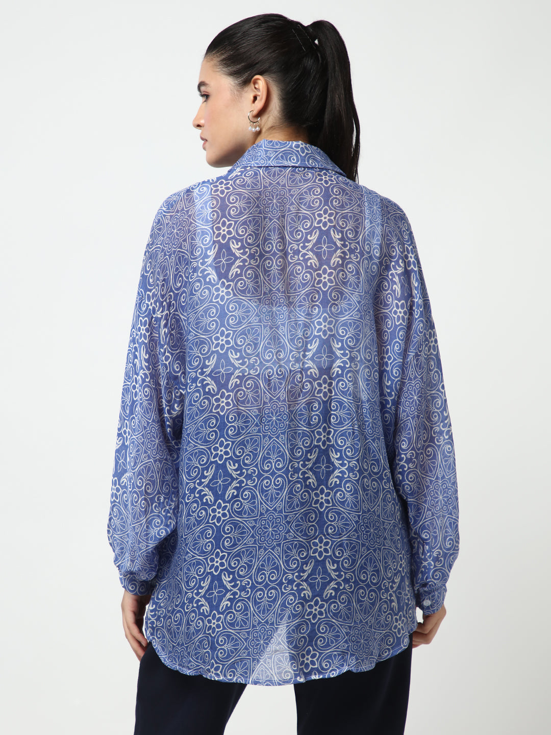 Women's Blue Comfort Semi Sheer Printed Casual Shirt