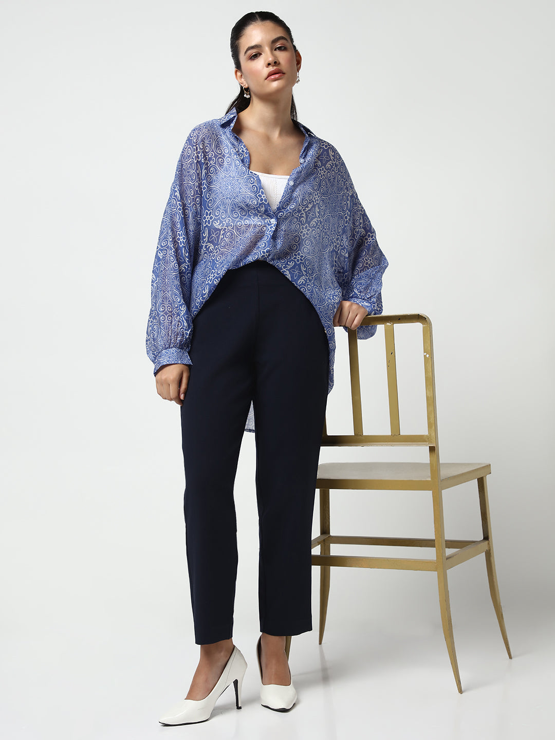 Women's Blue Comfort Semi Sheer Printed Casual Shirt