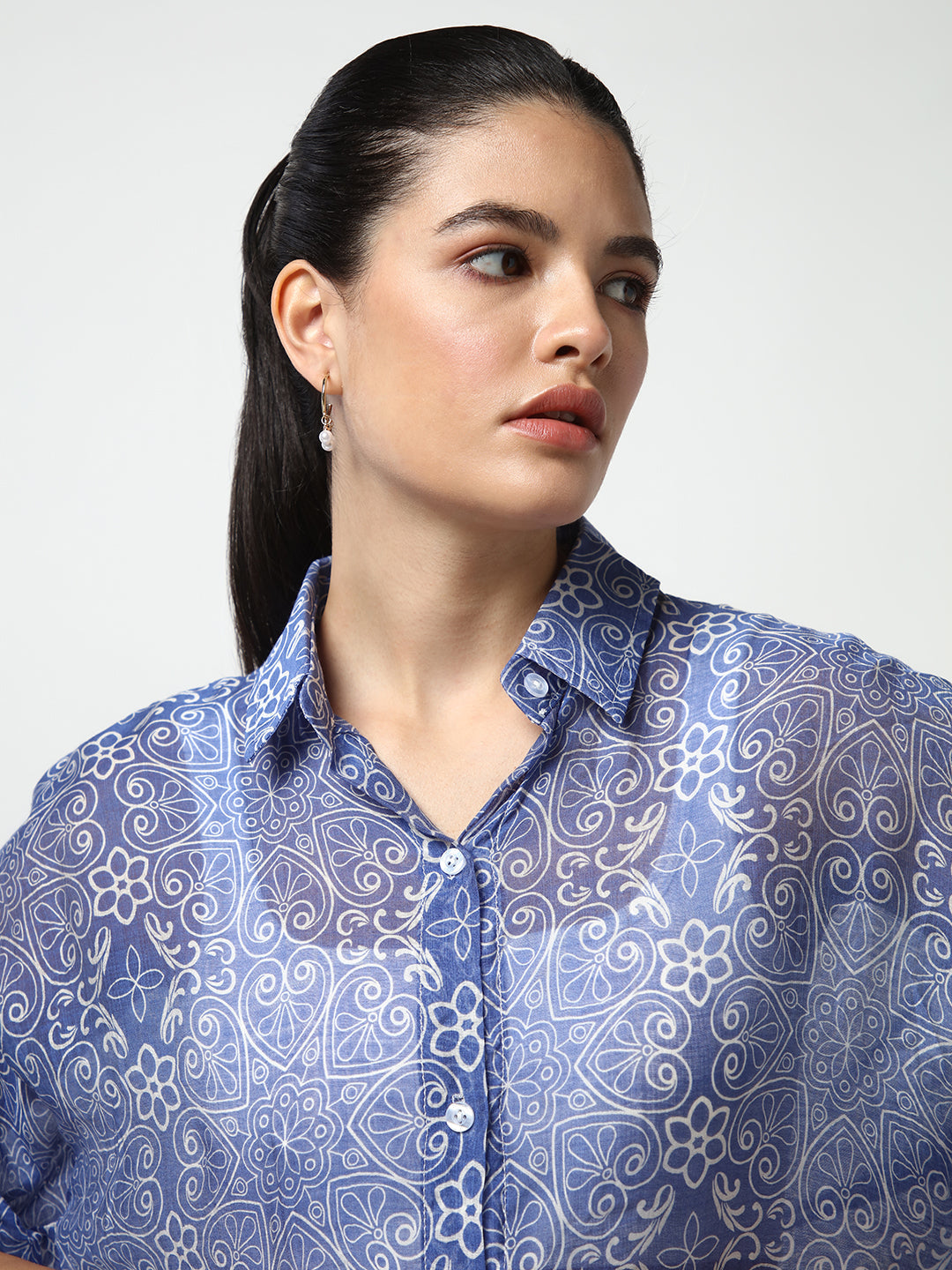 Women's Blue Comfort Semi Sheer Printed Casual Shirt