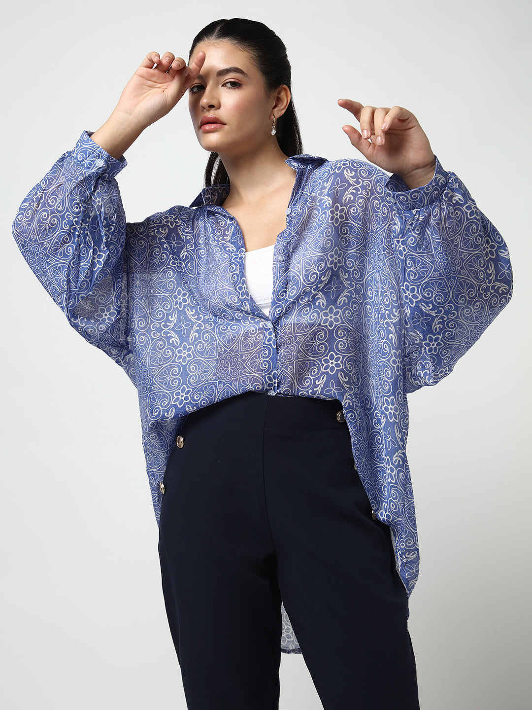 Women's Blue Comfort Semi Sheer Printed Casual Shirt