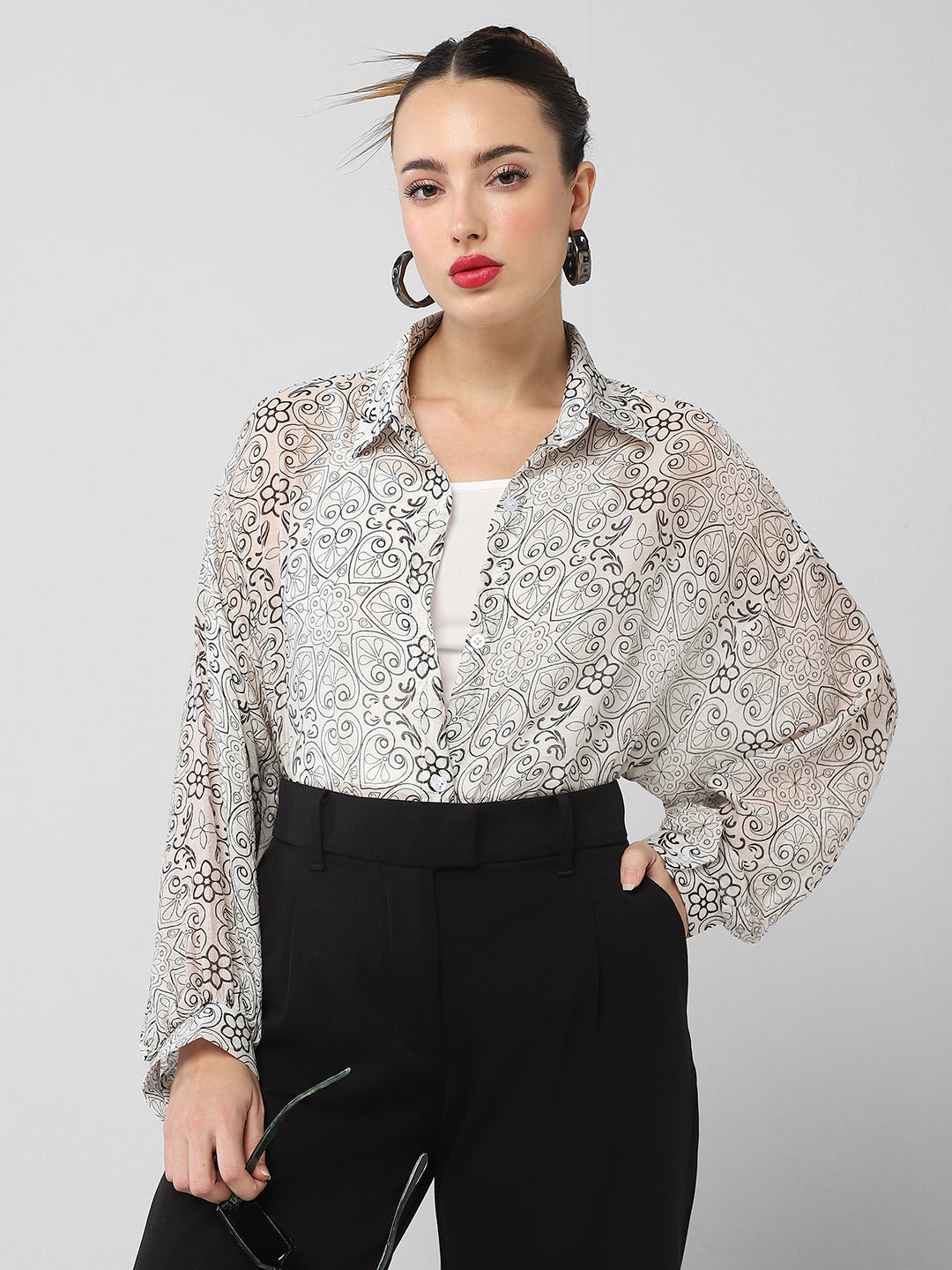 Women's Grey Comfort Semi Sheer Printed Casual Shirt