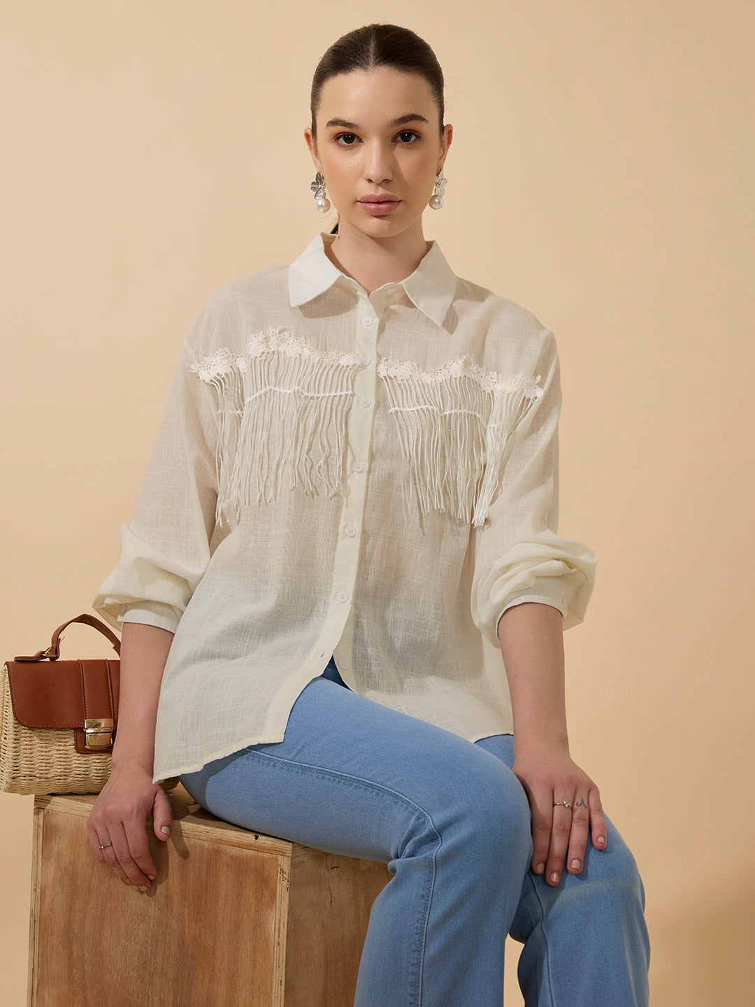 Women's Textured Beige Relaxed Fit Shirt with Fringe Detail