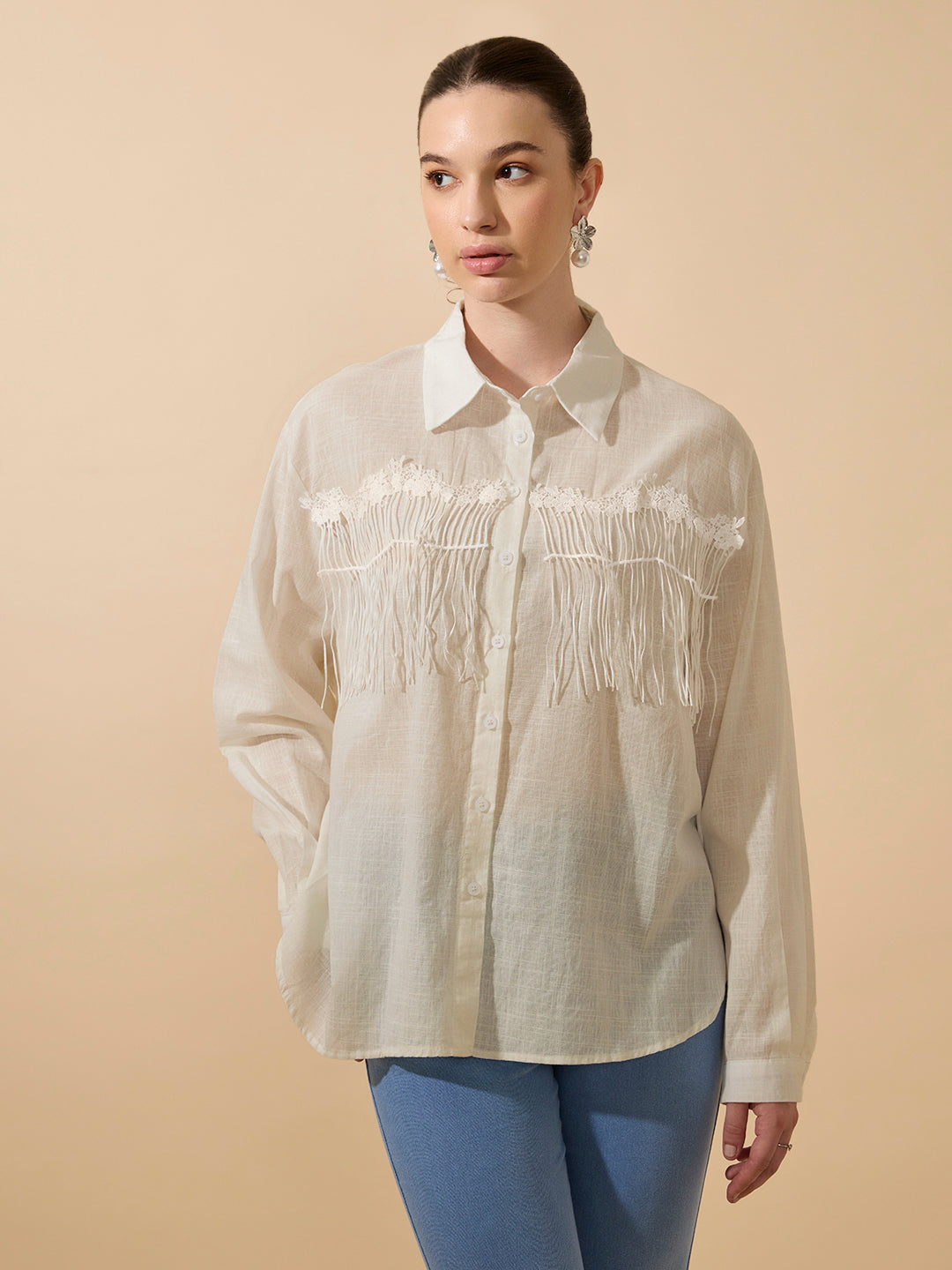 Women's Textured Beige Relaxed Fit Shirt with Fringe Detail