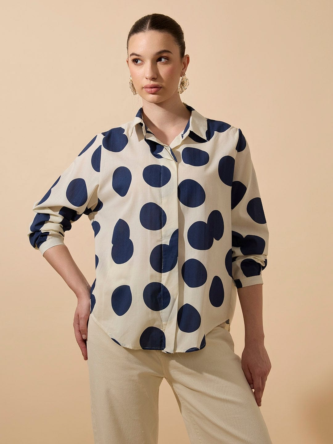 Women's Polka Dots Navy Blue Relaxed Fit Shirt