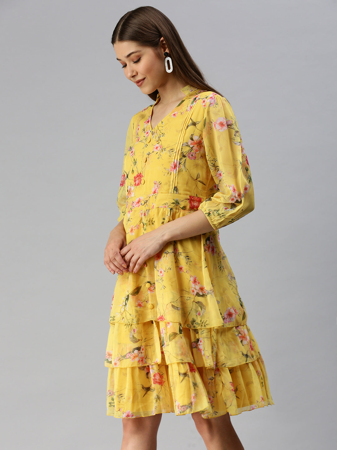 Women's Yellow Floral Layered Crepe A-Line Midi Dress