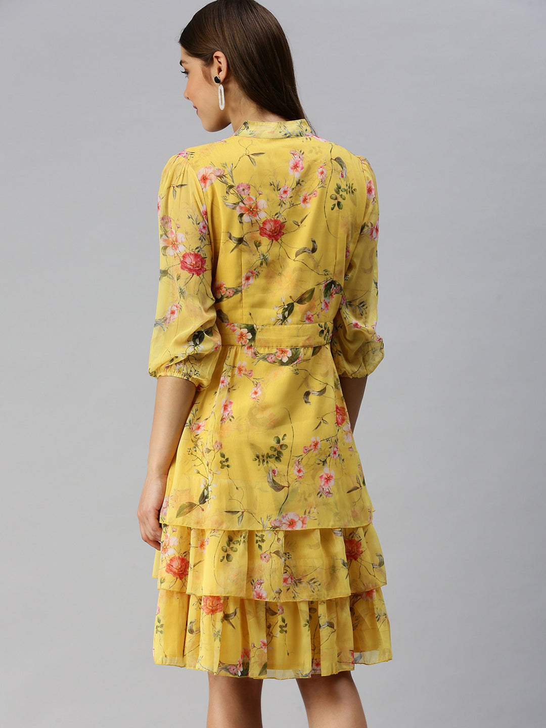 Women's Yellow Floral Layered Crepe A-Line Midi Dress