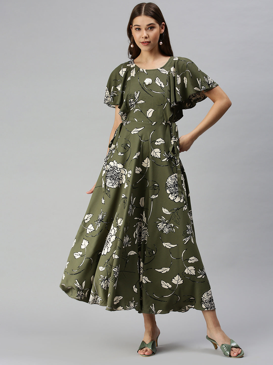 Women's Olive Floral Crepe A-Line Dress