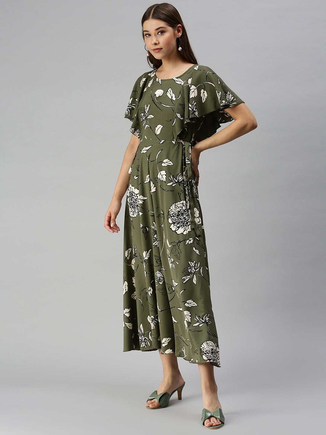 Women's Olive Floral Crepe A-Line Dress