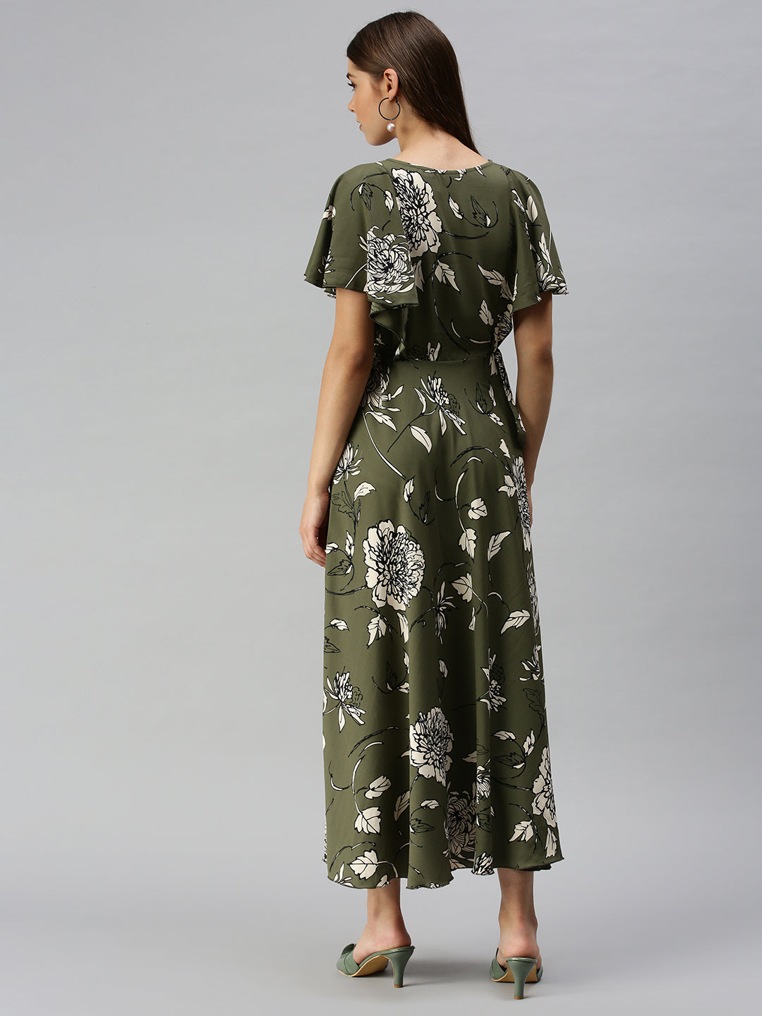 Women's Olive Floral Crepe A-Line Dress