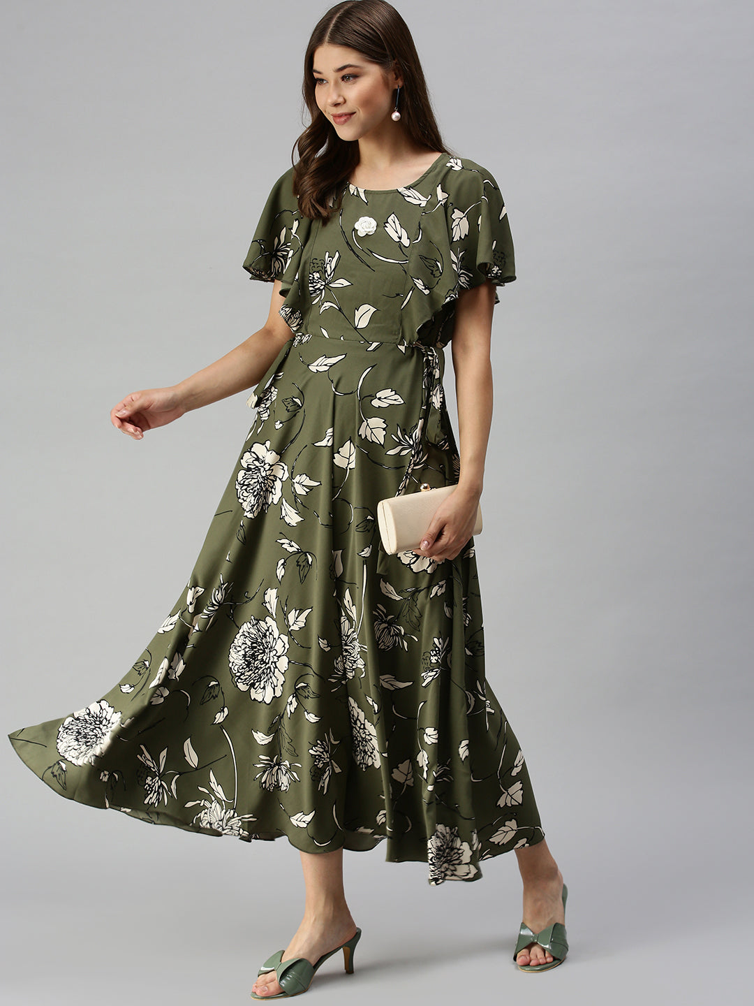 Women's Olive Floral Crepe A-Line Dress