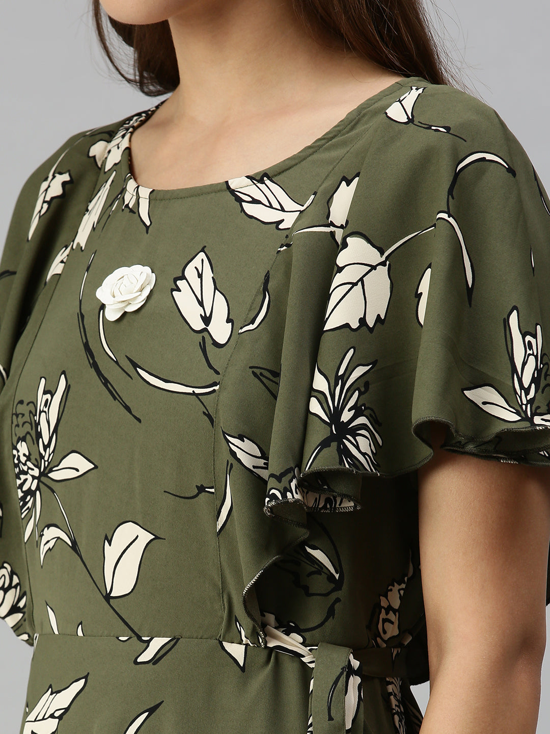 Women's Olive Floral Crepe A-Line Dress