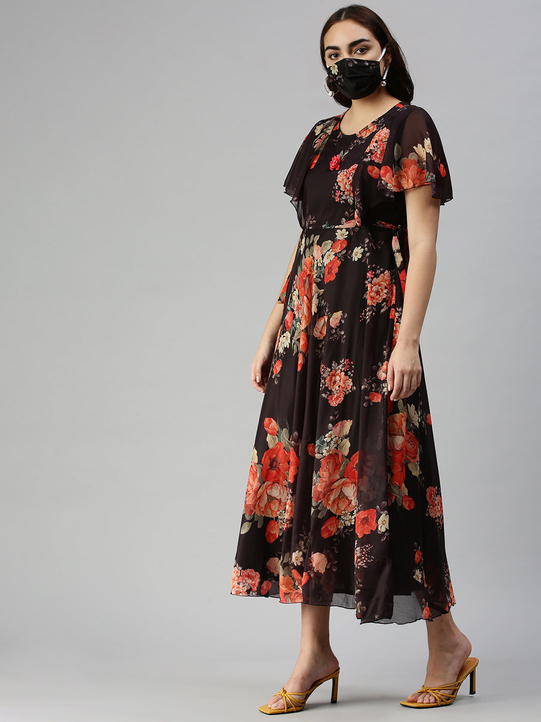 Women's Black Floral Chiffon Midi Dress