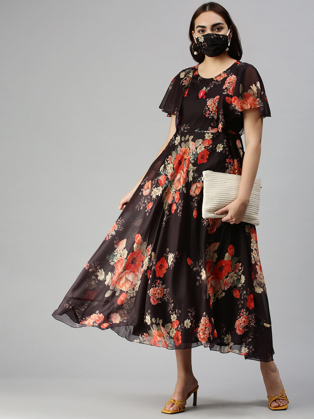 Women's Black Floral Chiffon Midi Dress