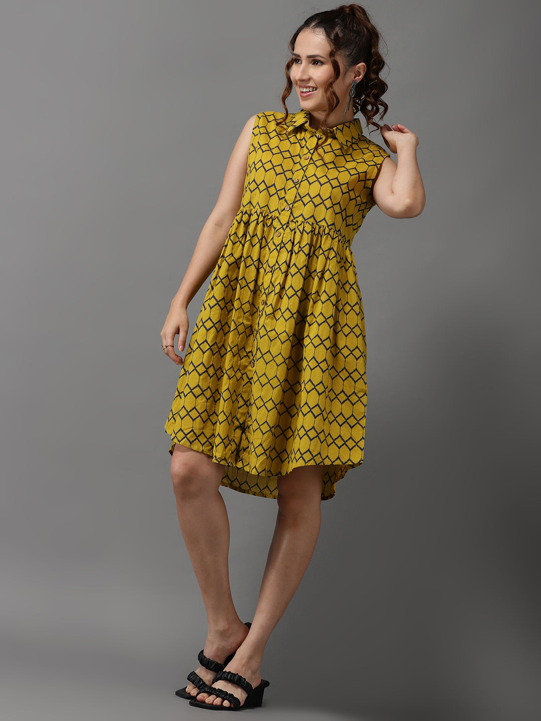 Women's Yellow Printed Shirt Dress