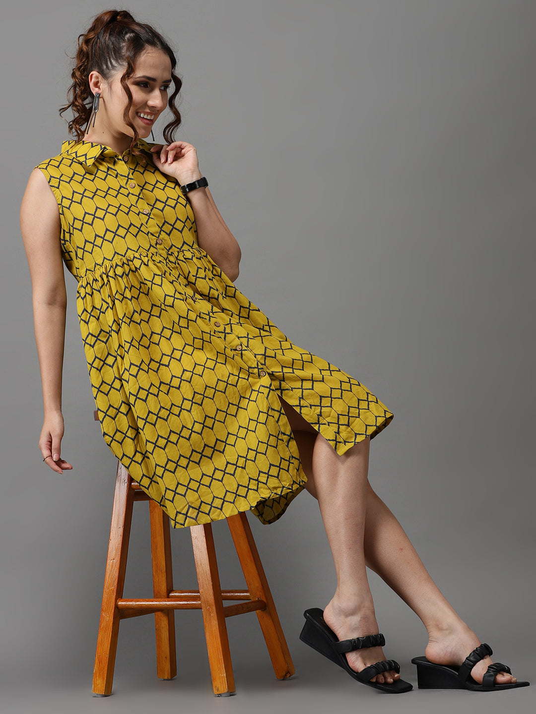 Women's Yellow Printed Shirt Dress