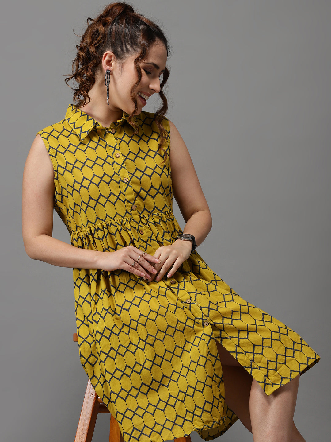 Women's Yellow Printed Shirt Dress