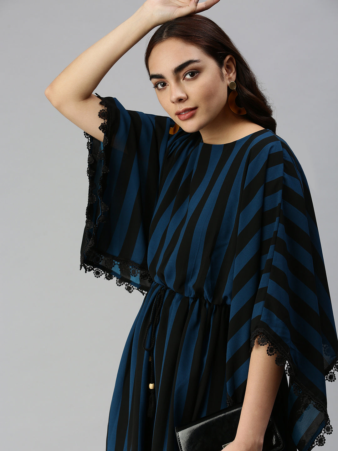 Women's Black Striped Georgette A-Line Midi Dress