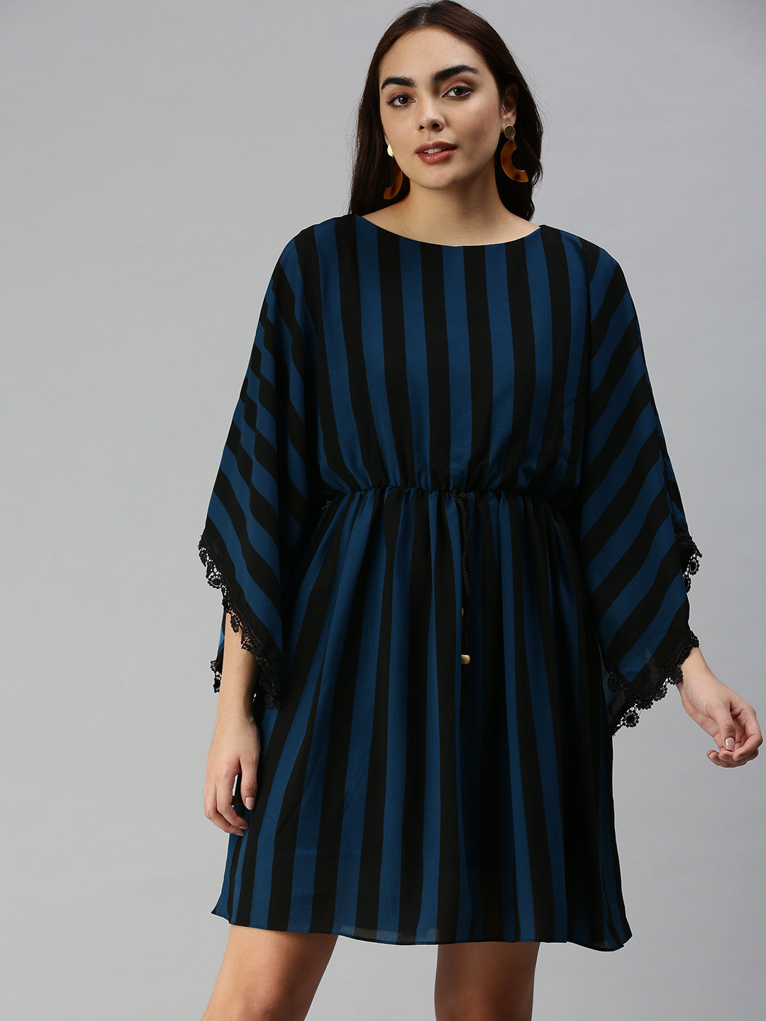 Women's Black Striped Georgette A-Line Midi Dress