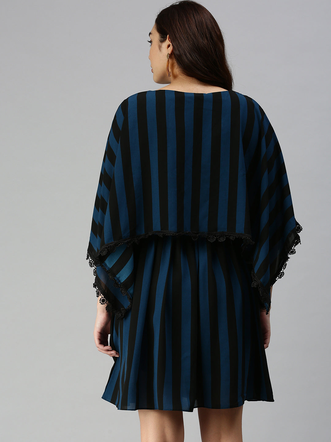 Women's Black Striped Georgette A-Line Midi Dress