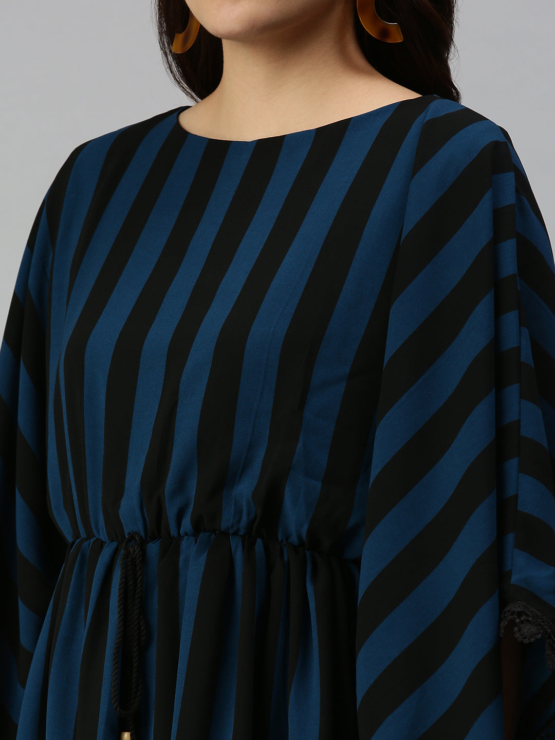Women's Black Striped Georgette A-Line Midi Dress