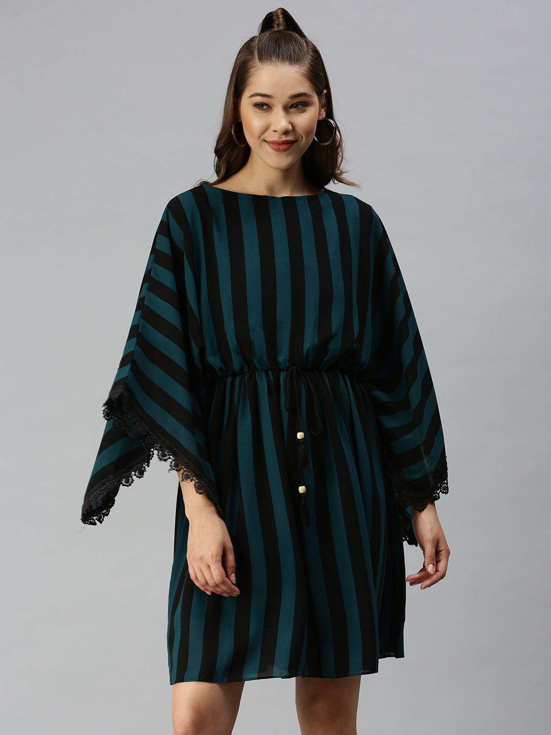 Women's Black Striped Georgette Kaftan Dress
