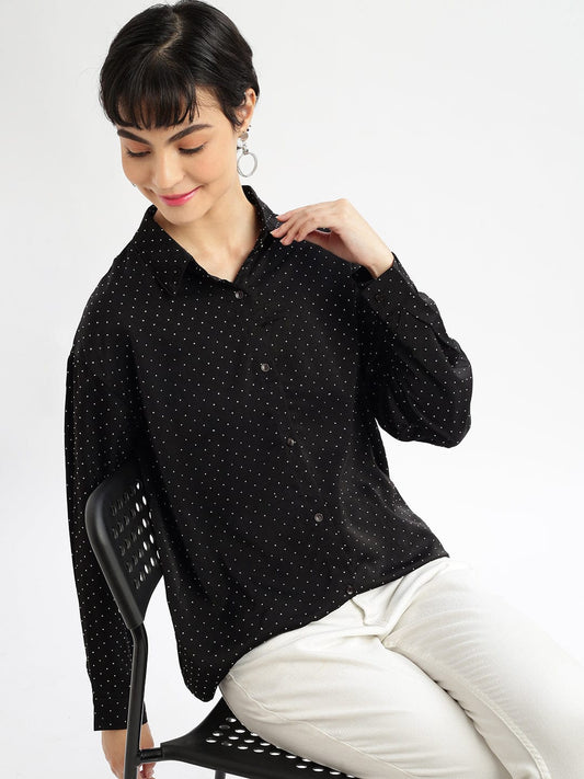 Women's Black Relaxed Polka Dot Opaque Casual Shirt