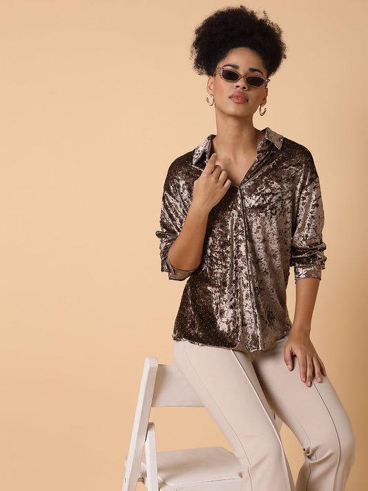 Women's Brown Comfort Spread Collar Solid Nylon Casual Shirt