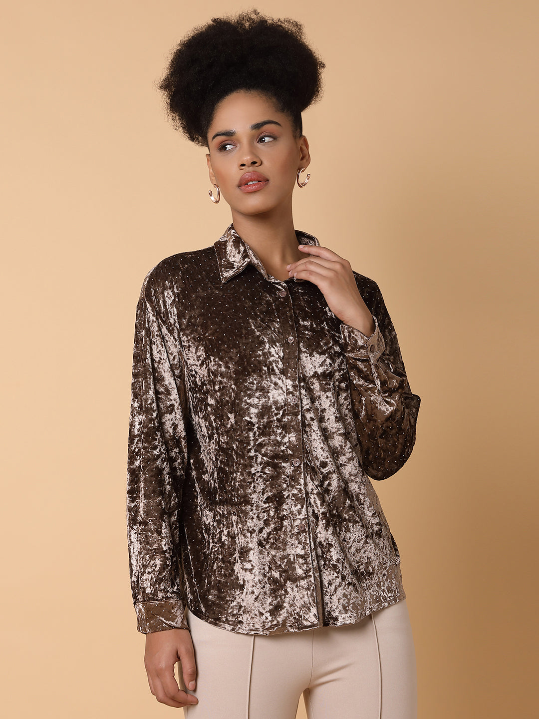 Women's Brown Comfort Spread Collar Solid Nylon Casual Shirt
