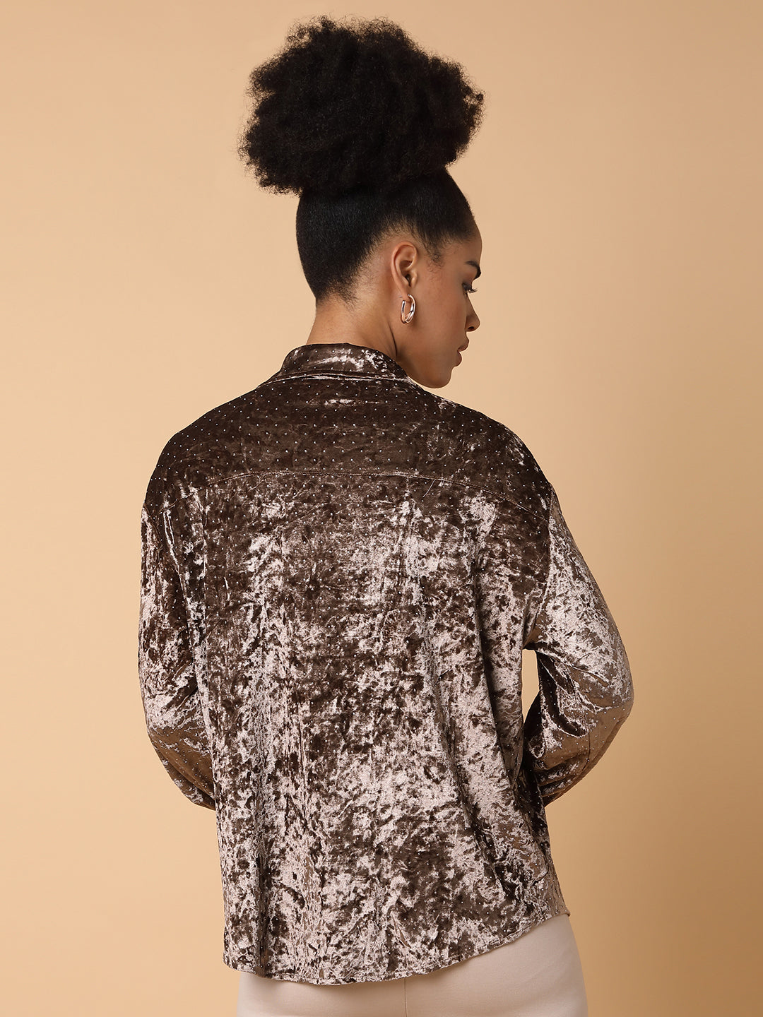 Women's Brown Comfort Spread Collar Solid Nylon Casual Shirt
