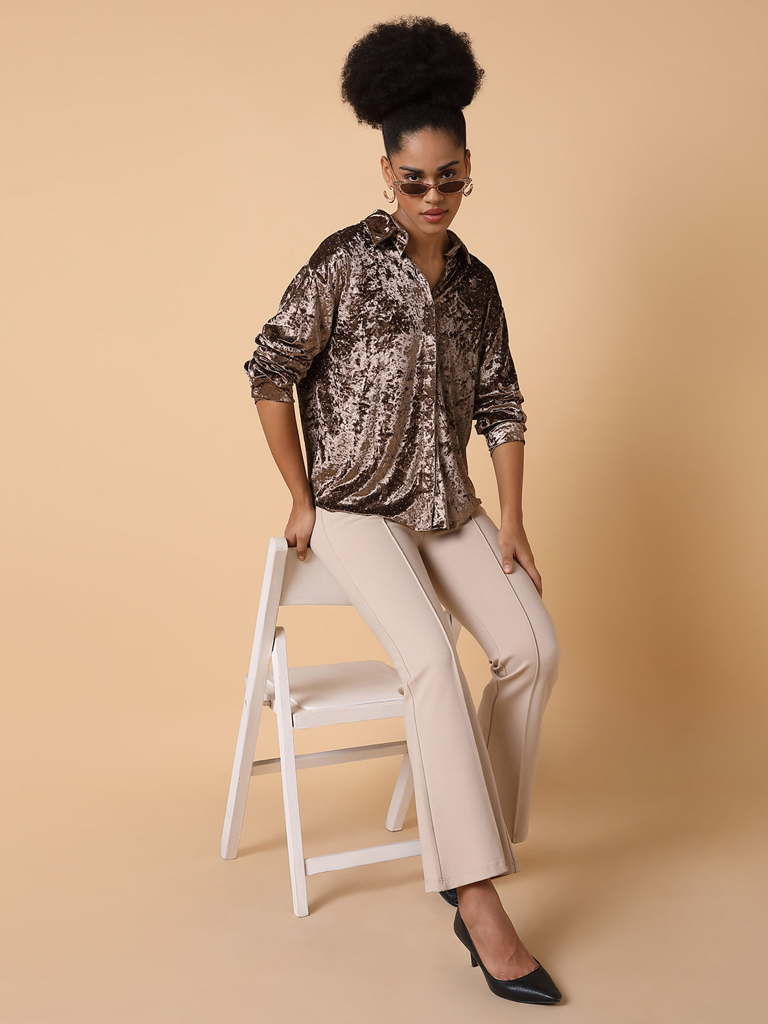 Women's Brown Comfort Spread Collar Solid Nylon Casual Shirt