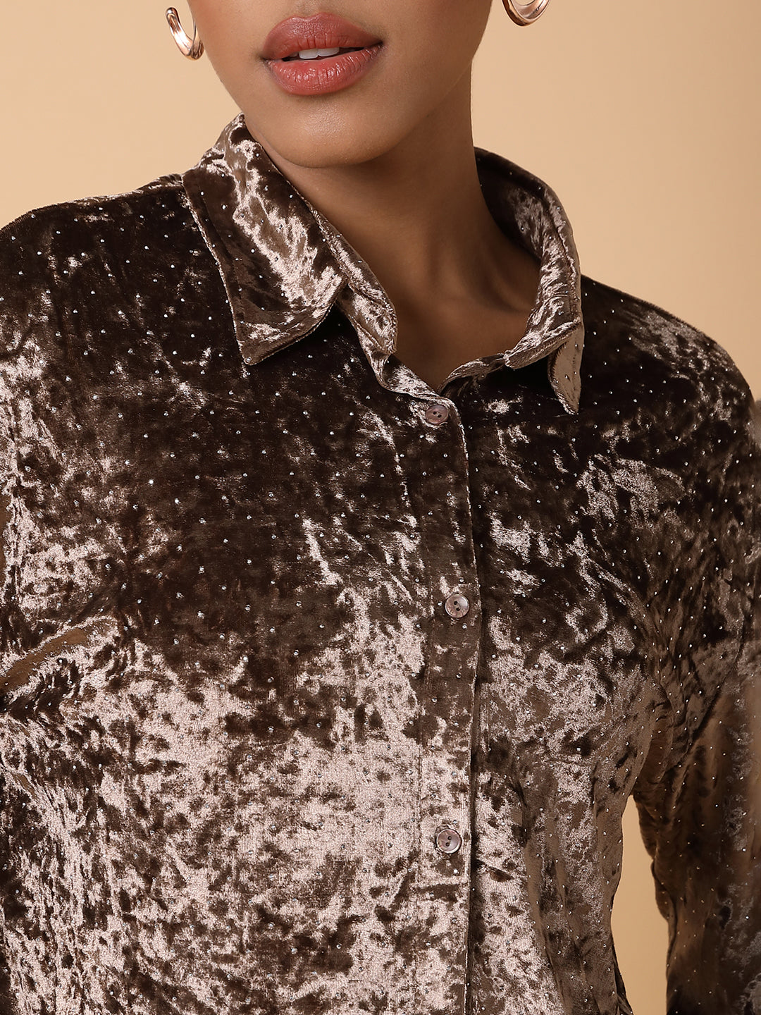 Women's Brown Comfort Spread Collar Solid Nylon Casual Shirt