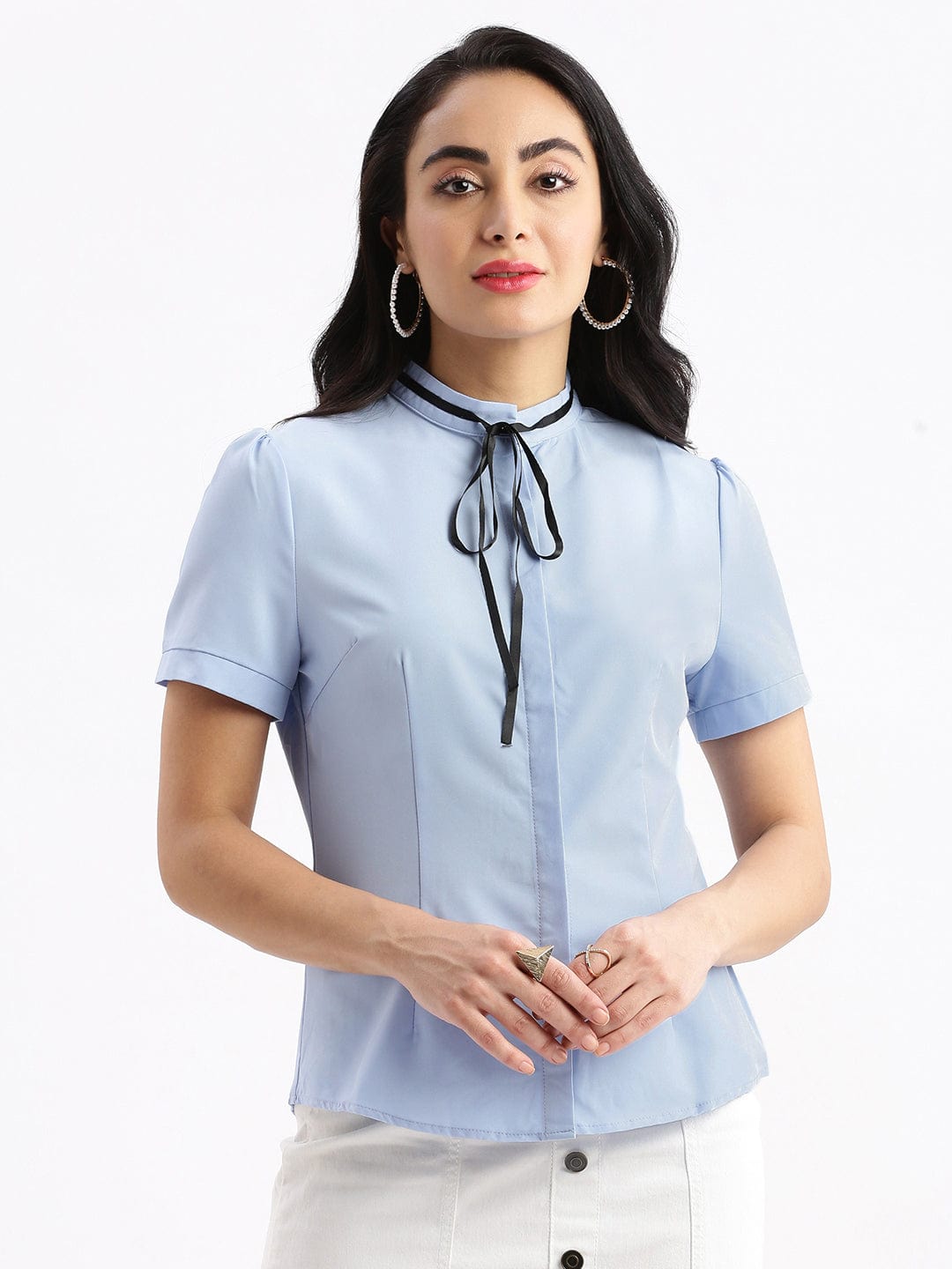 Women's Blue Standard Solid Mandarin Collar Slim Fit Shirt