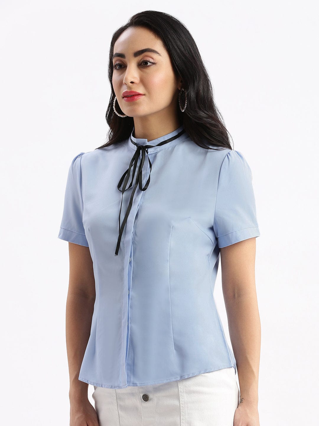 Women's Blue Standard Solid Mandarin Collar Slim Fit Shirt