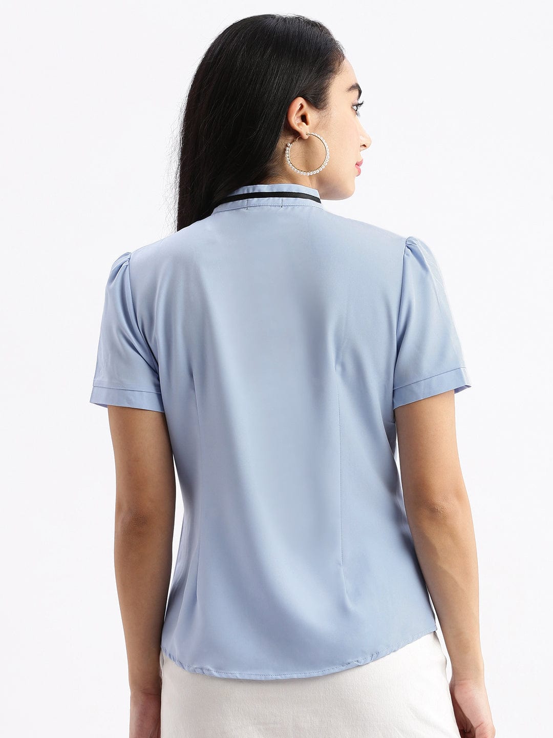 Women's Blue Standard Solid Mandarin Collar Slim Fit Shirt