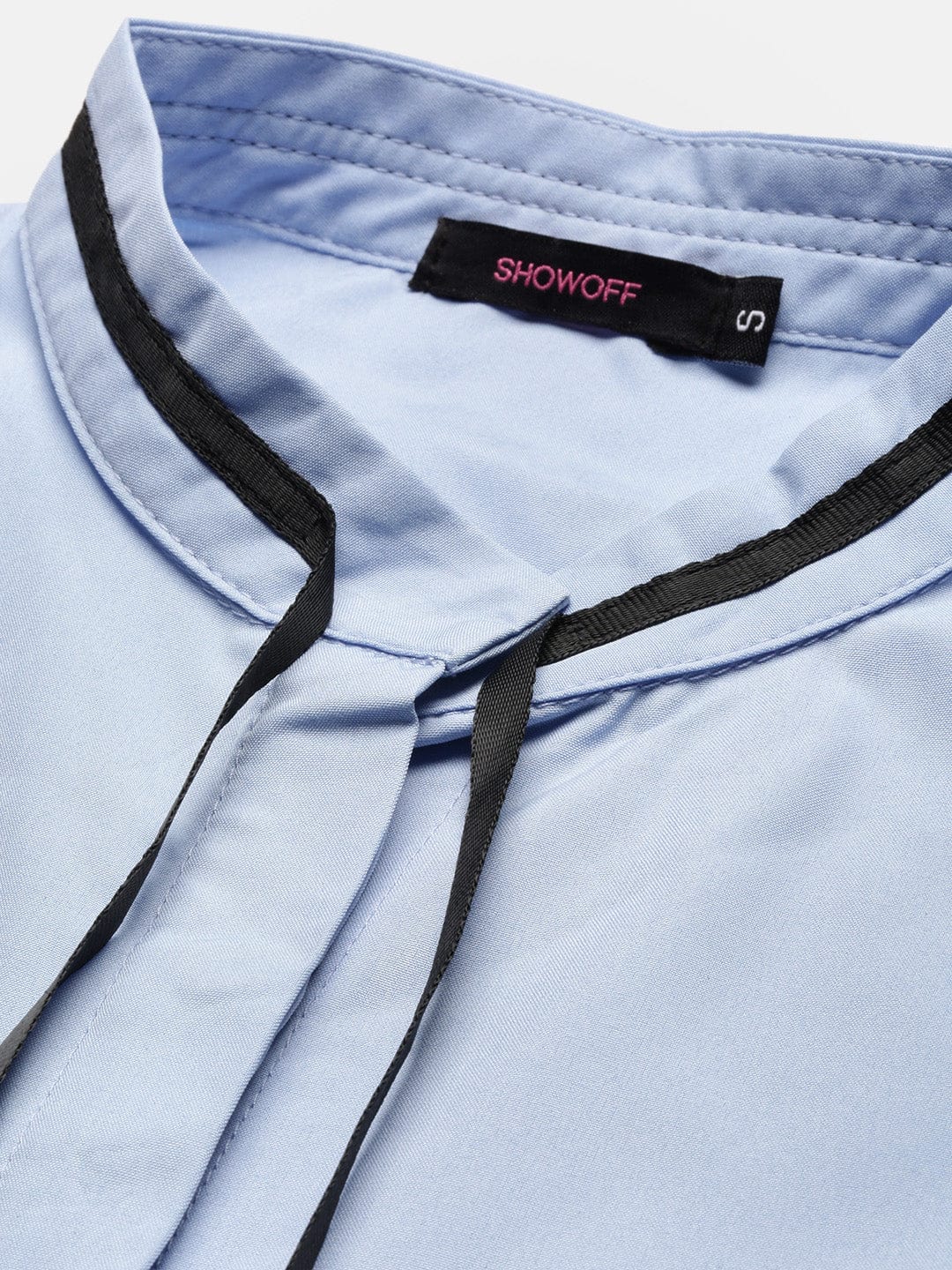 Women's Blue Standard Solid Mandarin Collar Slim Fit Shirt