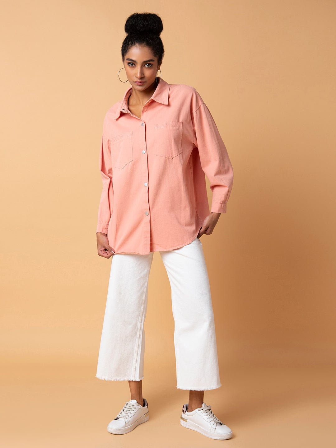 Women's Peach Standard Opaque Casual Oversized Shirt