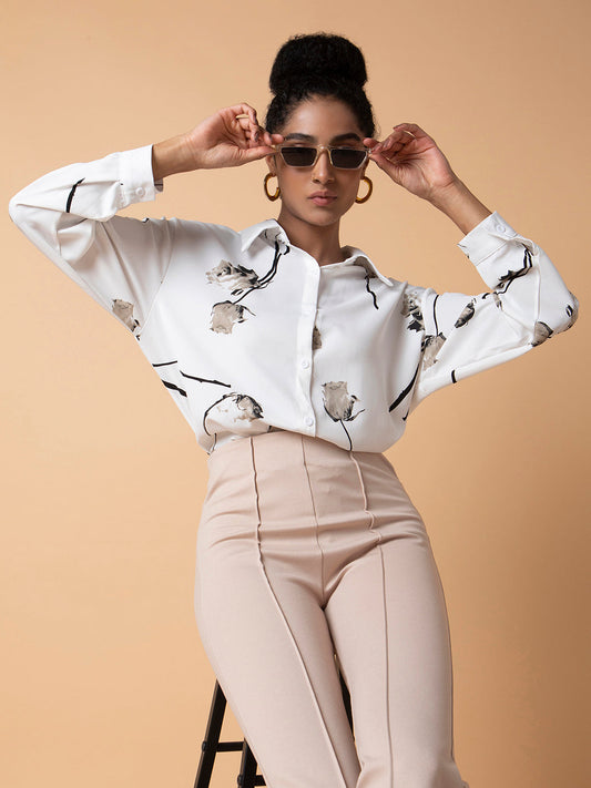 Women's White Relaxed Drop Shoulder Printed Casual Shirt