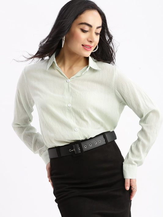 Women's Green Relaxed Slim Fit Pinstripes Semi Sheer Striped Casual Shirt