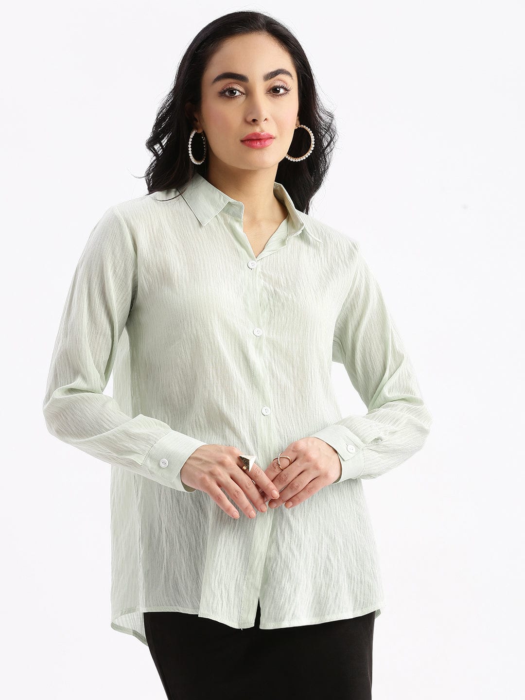 Women's Green Relaxed Slim Fit Pinstripes Semi Sheer Striped Casual Shirt