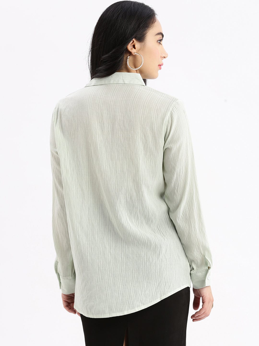 Women's Green Relaxed Slim Fit Pinstripes Semi Sheer Striped Casual Shirt