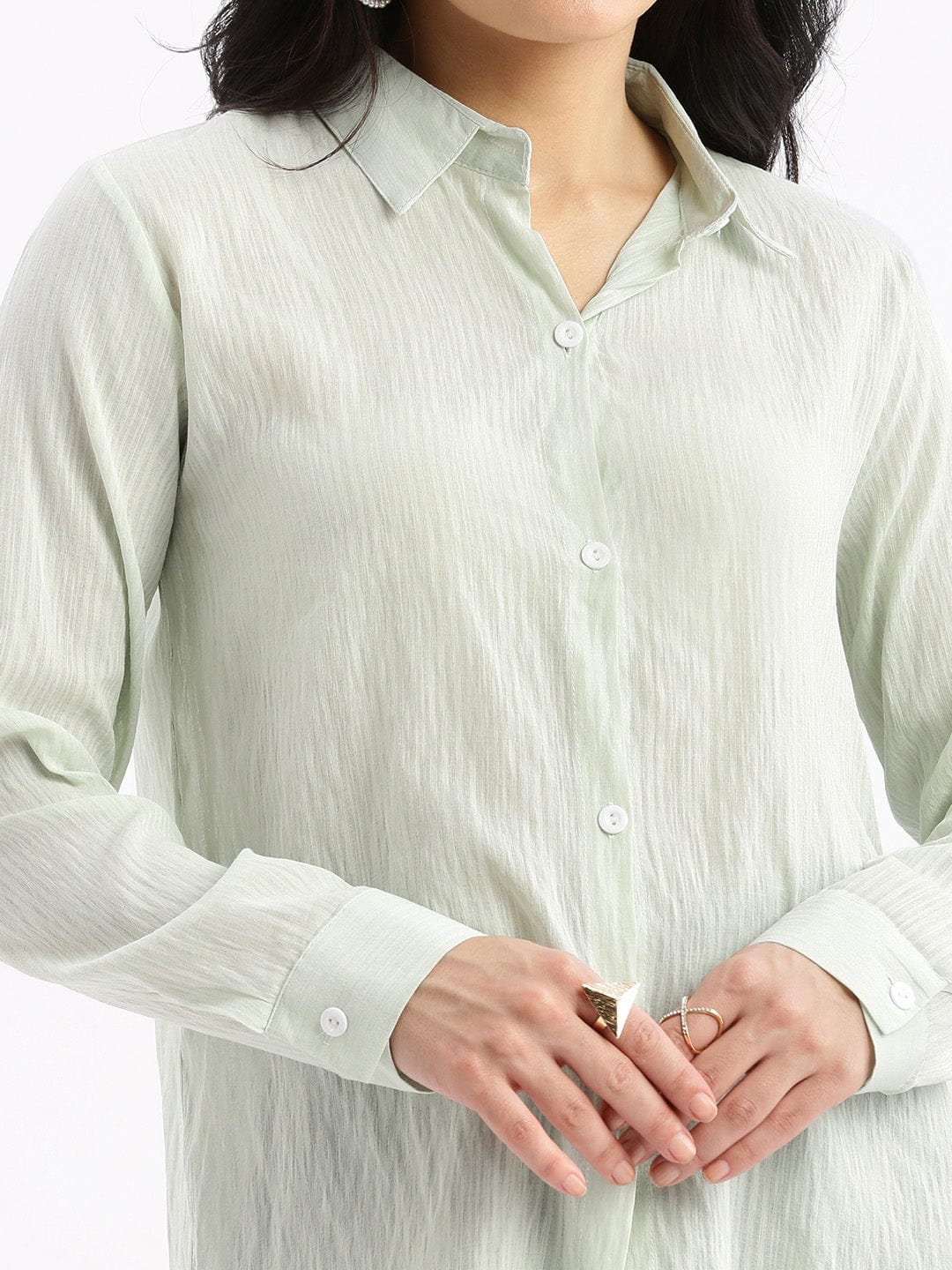 Women's Green Relaxed Slim Fit Pinstripes Semi Sheer Striped Casual Shirt