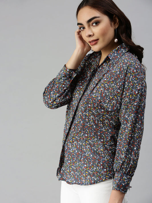 Women's Blue Contemporary Slim Fit Semi Sheer Printed Casual Shirt