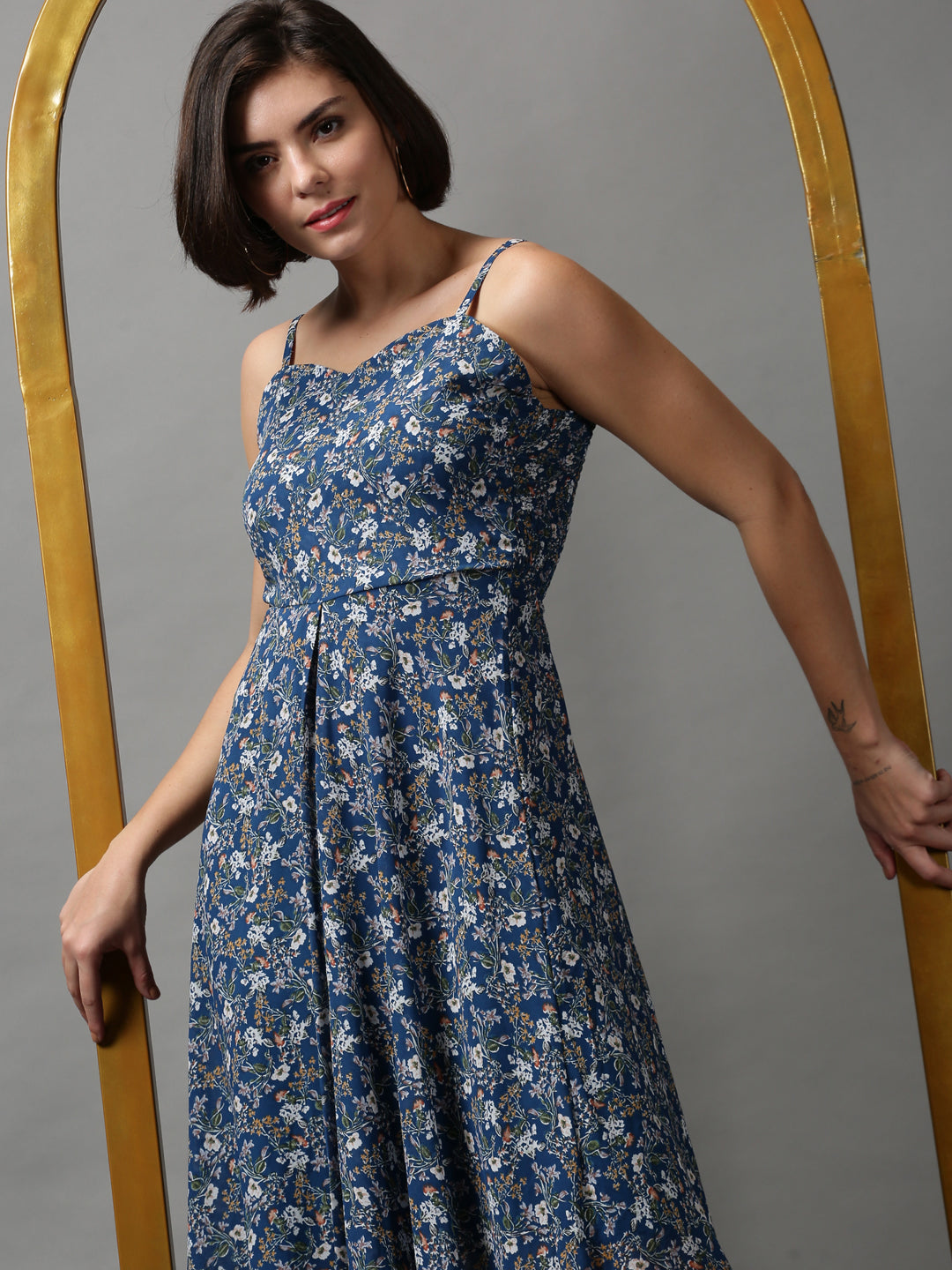 Women's Teal Floral Printed Georgette Midi Dress