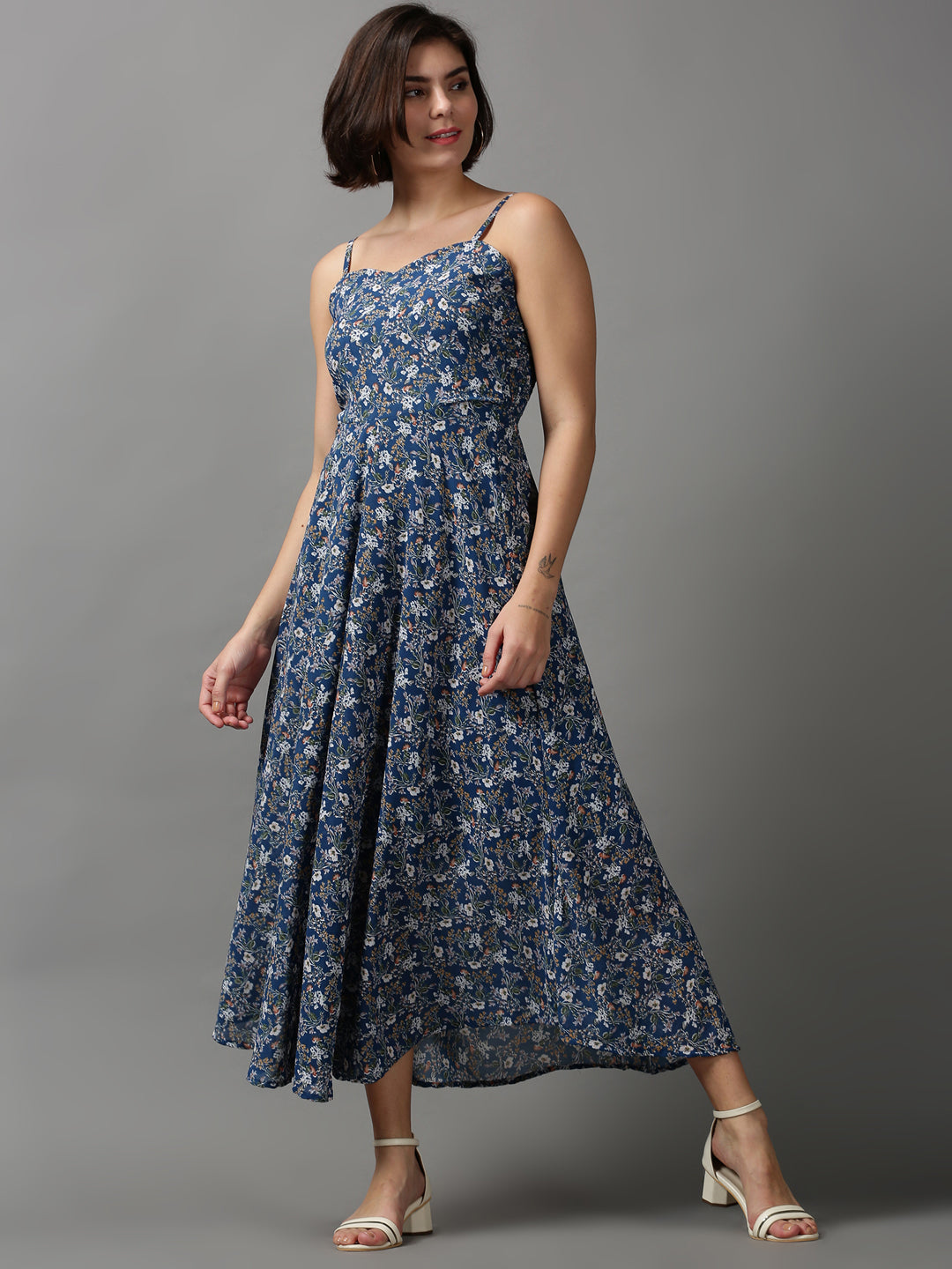 Women's Teal Floral Printed Georgette Midi Dress
