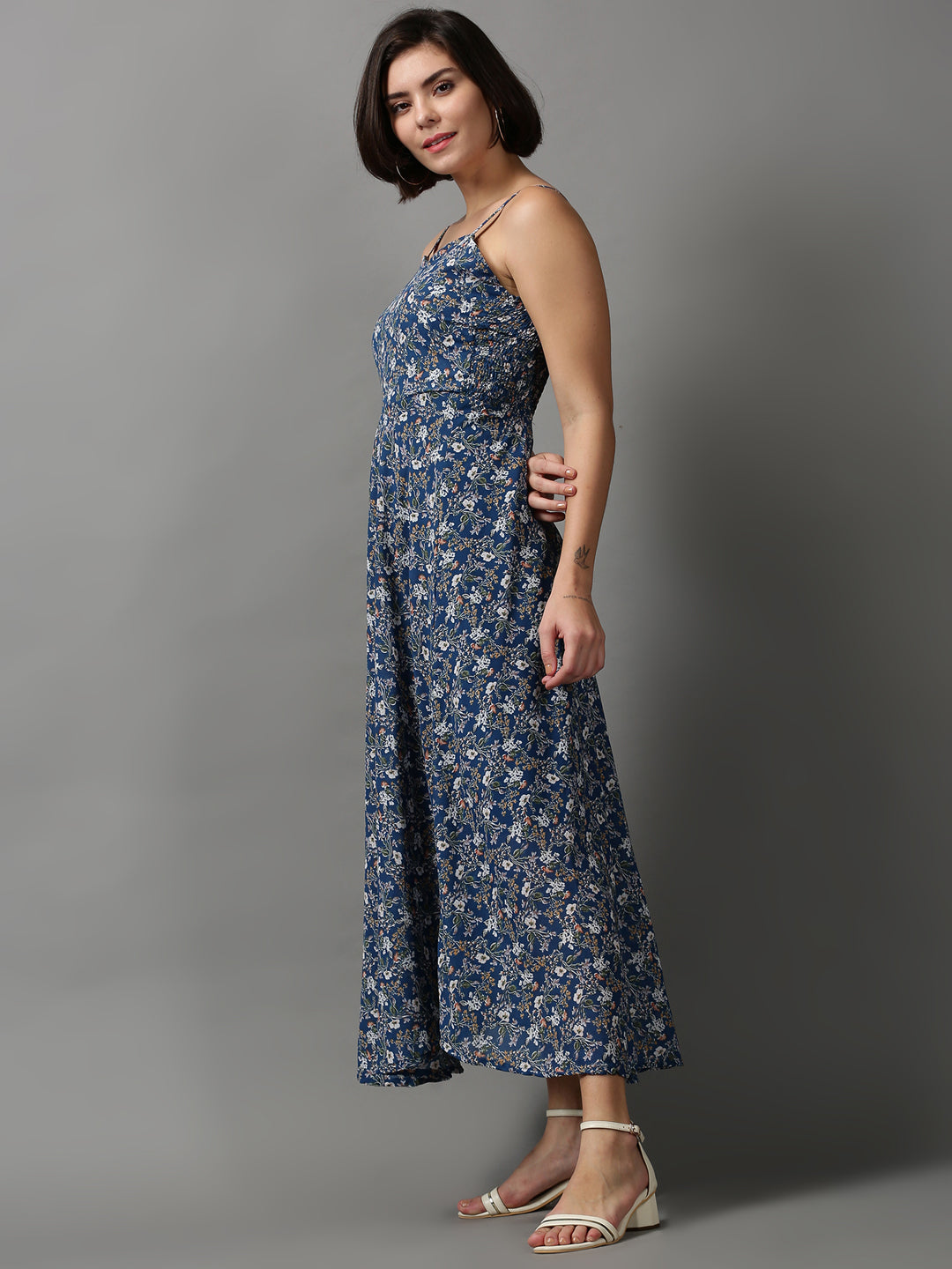 Women's Teal Floral Printed Georgette Midi Dress