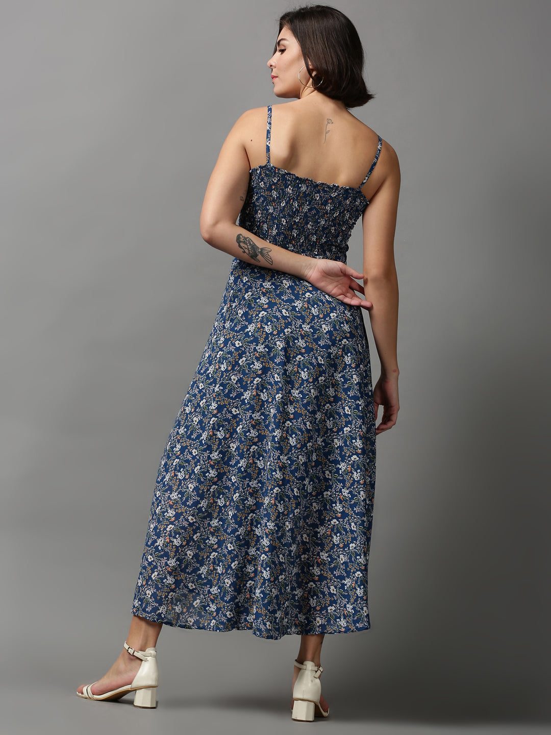 Women's Teal Floral Printed Georgette Midi Dress