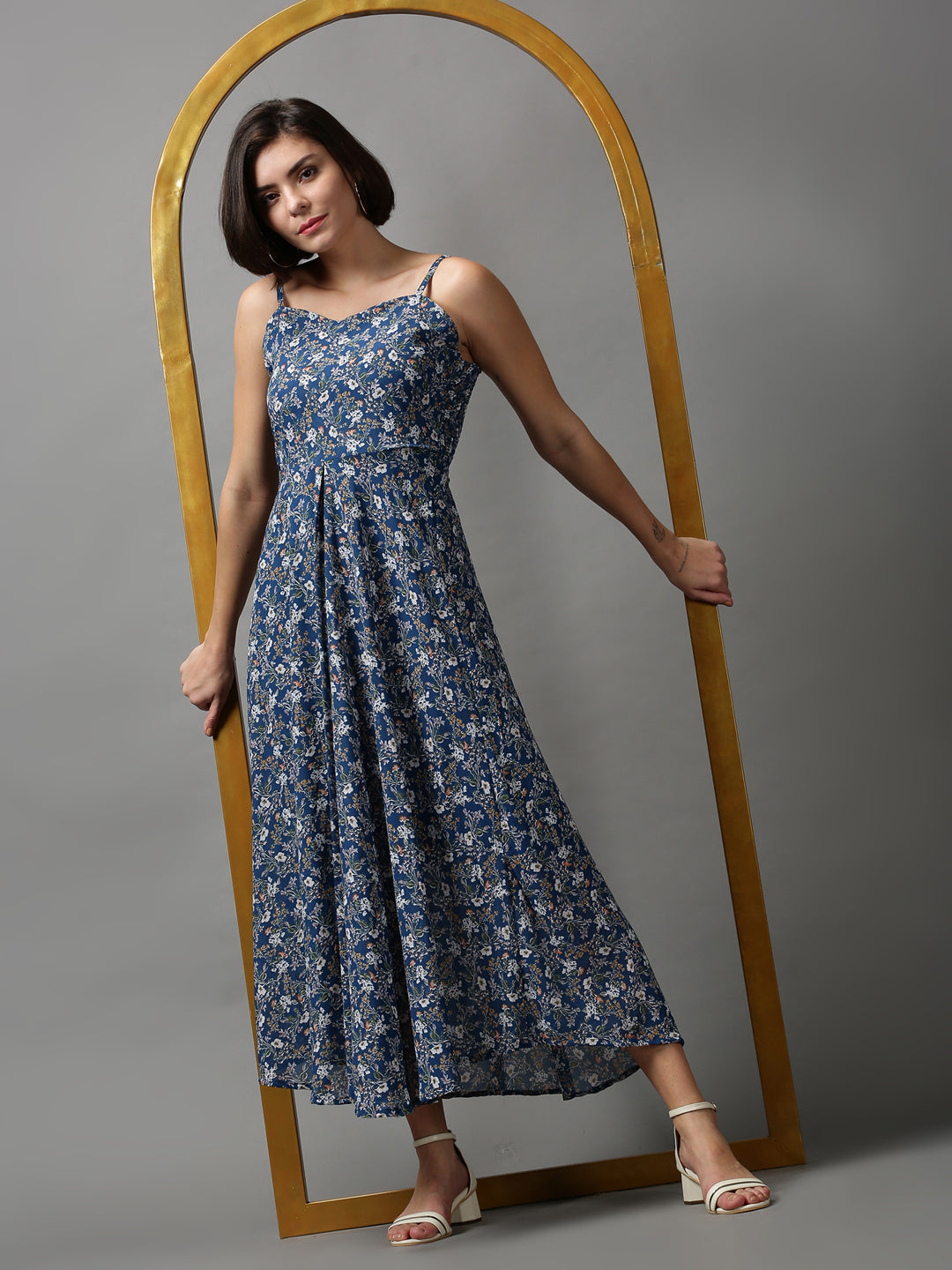 Women's Teal Floral Printed Georgette Midi Dress